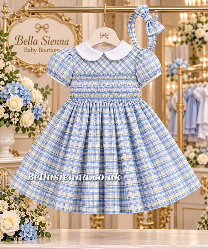 Pretty Originals Girls Pale Blue Check Hand Smocked Dress & Matching Headband - BD02411E