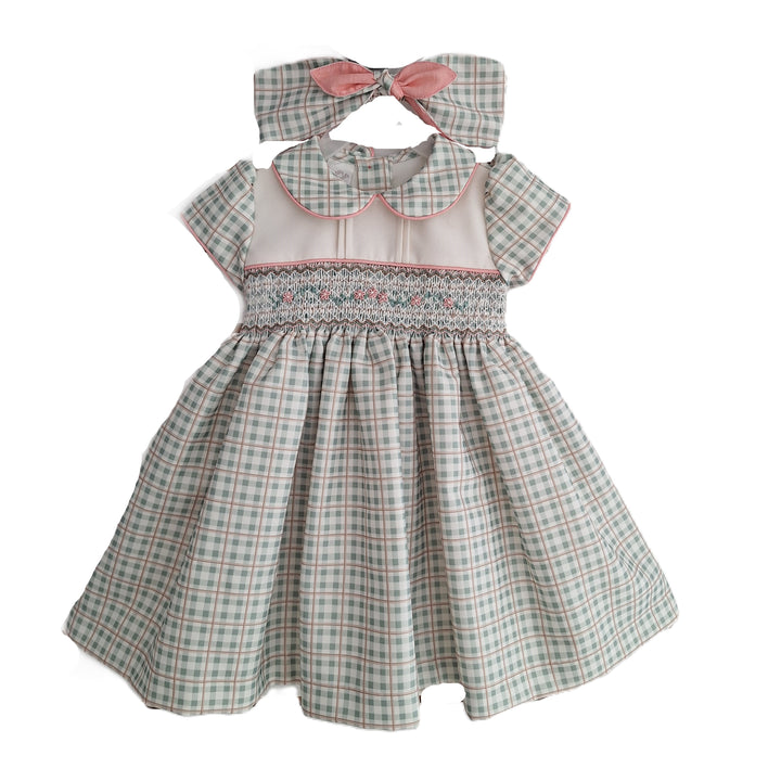 Pretty Originals Girls Smocked Green, Wheat & Salmon Pink Check Dress - BD02363