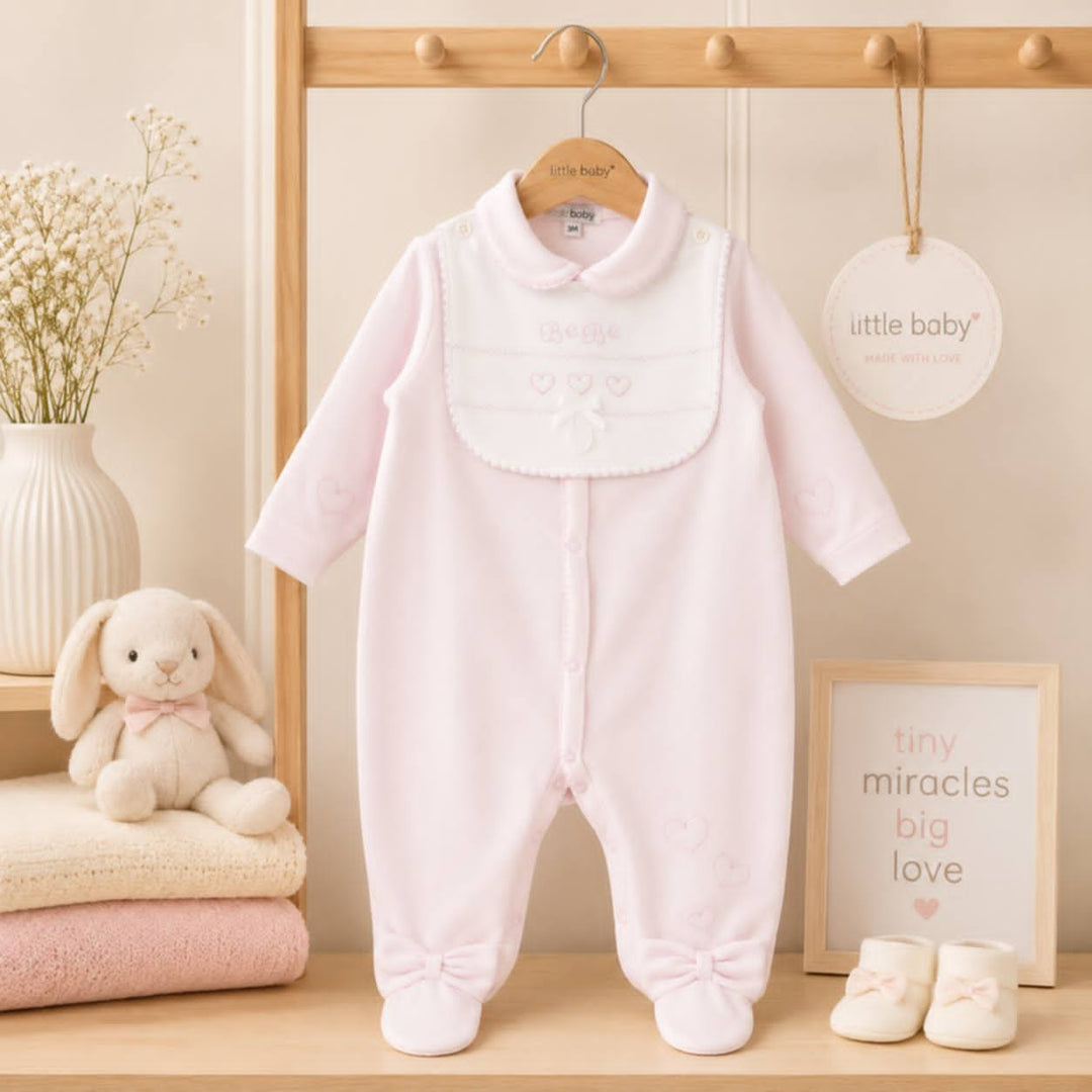 Blues Baby Girls Pink Velour All In One Babygrow Sleepsuit With Detachable Bib - BB2071
