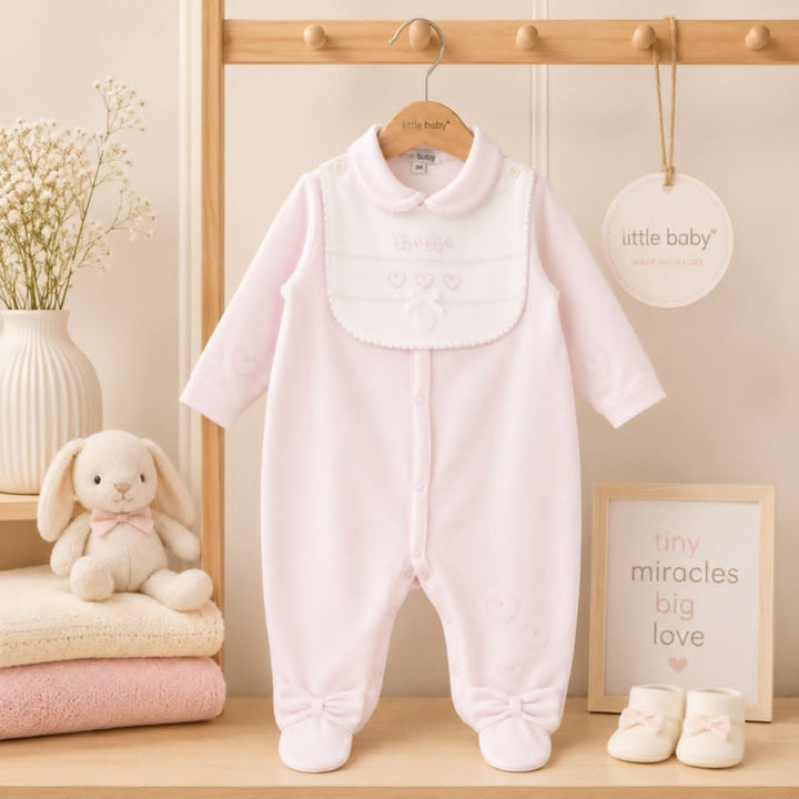 Blues Baby Girls Pink Velour All In One Babygrow Sleepsuit With Detachable Bib - BB2071