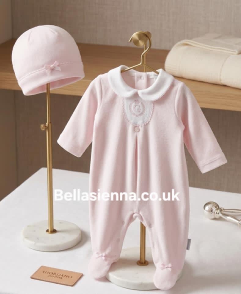 Blues Baby Girls Pink Velour All In One Babygrow Sleepsuit With Matching Hat - BB2072