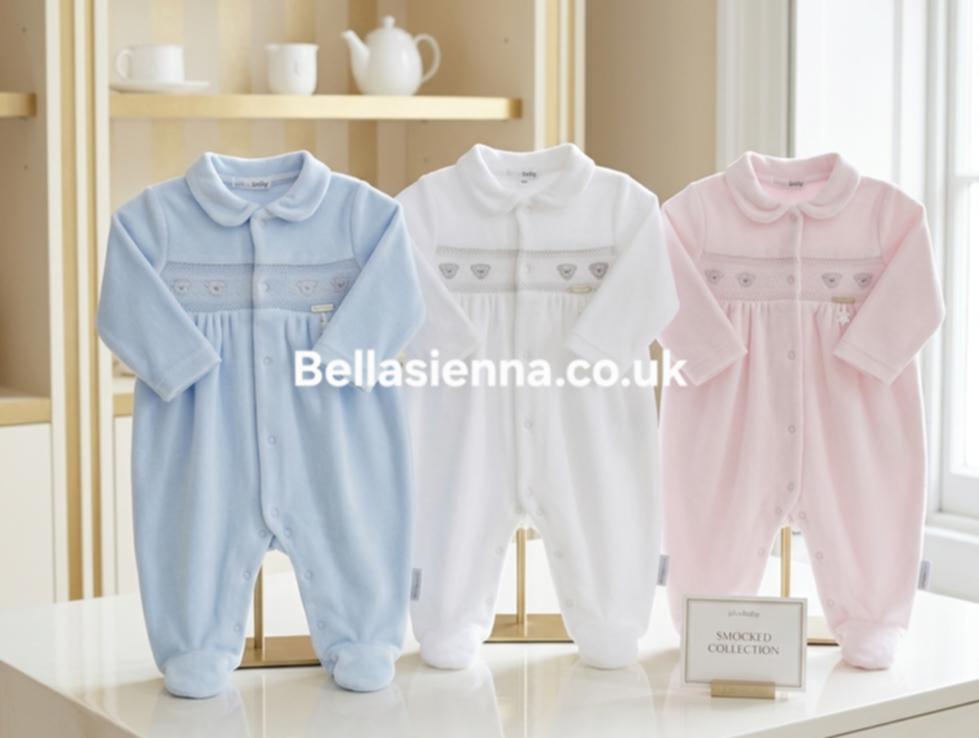 Blues Baby Unisex White Velour All In One Smocked Teddy Bear Babygrow Sleepsuit - BB2066W