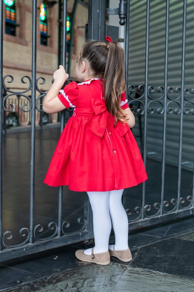 Naxos Red & White Hand Smocked Dress With Bow On The Back - 7624