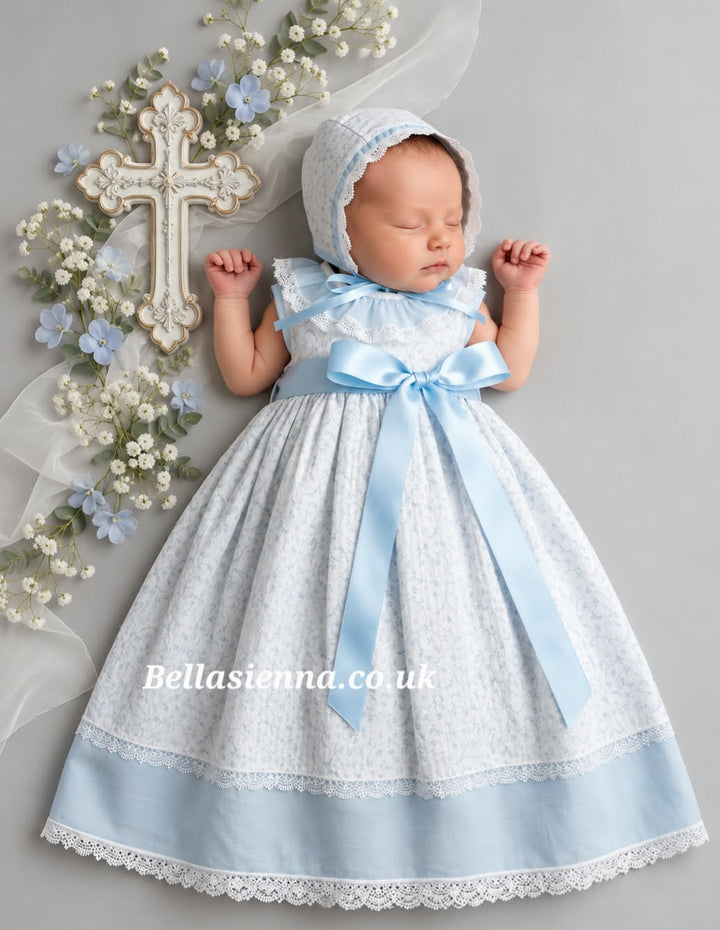 Baby Girls Blue & White Day Gown With Matching Bonnet - 287