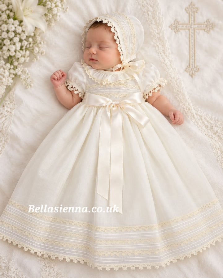 Baby Girls Cream Day Gown With Lace Trim With Matching Bonnet - 285