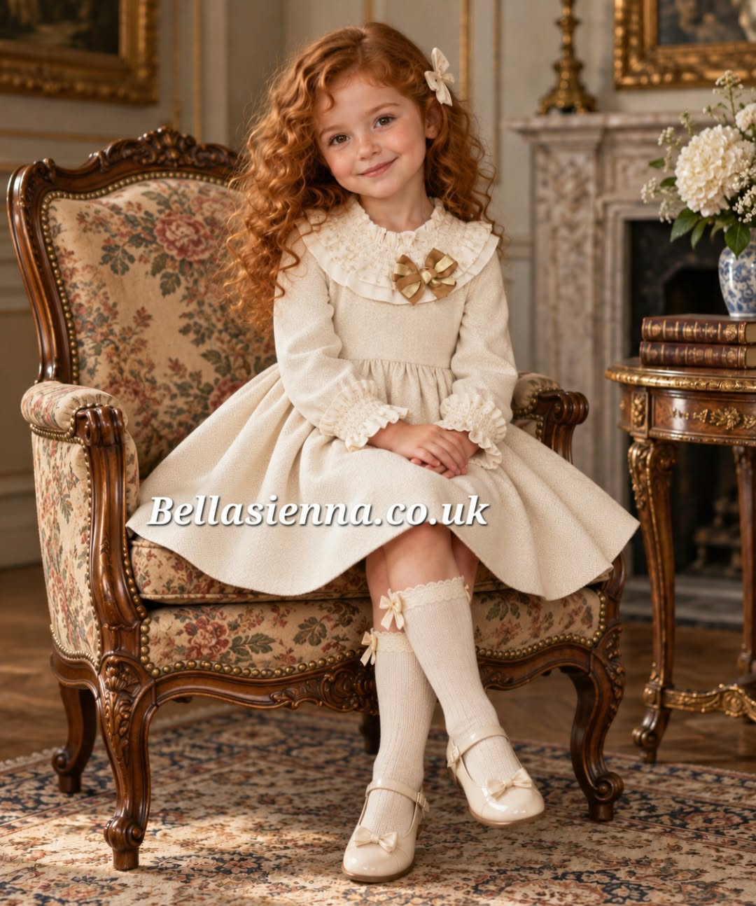 Basmarti Beige & Ivory Winter Dress With Bow & Gold Detail - 24911