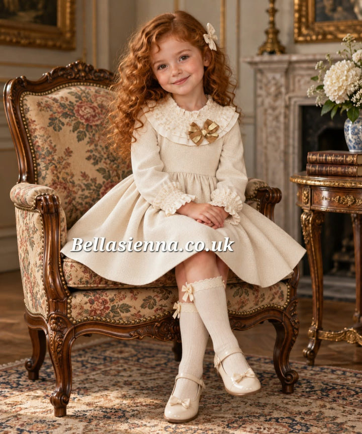 Basmarti Beige & Ivory Winter Dress With Bow & Gold Detail - 24911