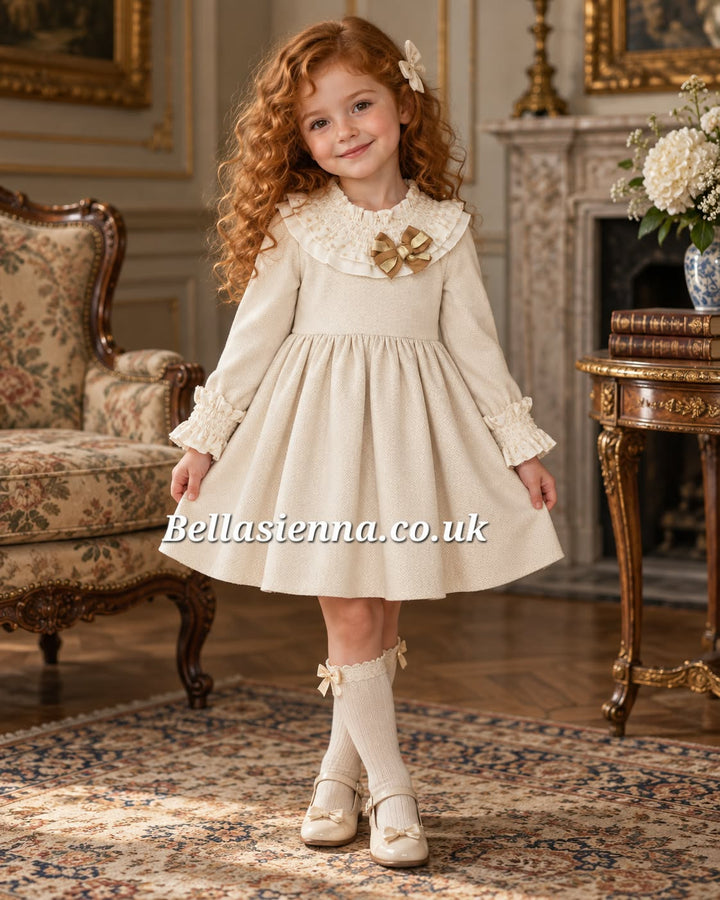 Basmarti Beige & Ivory Winter Dress With Bow & Gold Detail - 24911