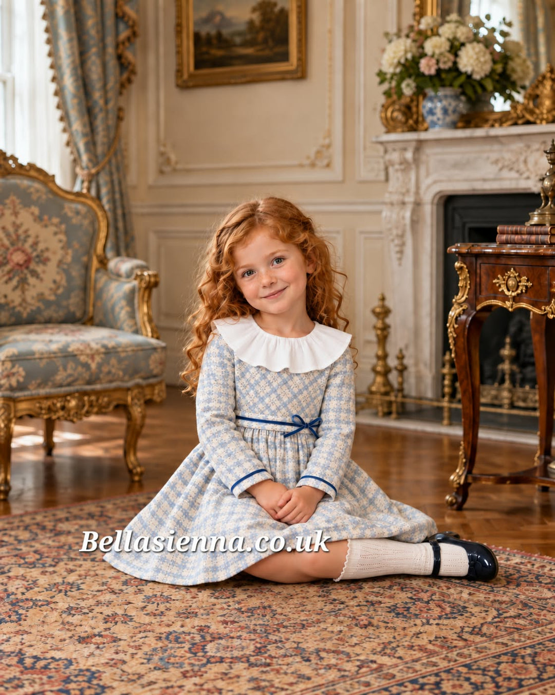 Basmarti Blue & White Winter Dress With Belt & Bow - 24512
