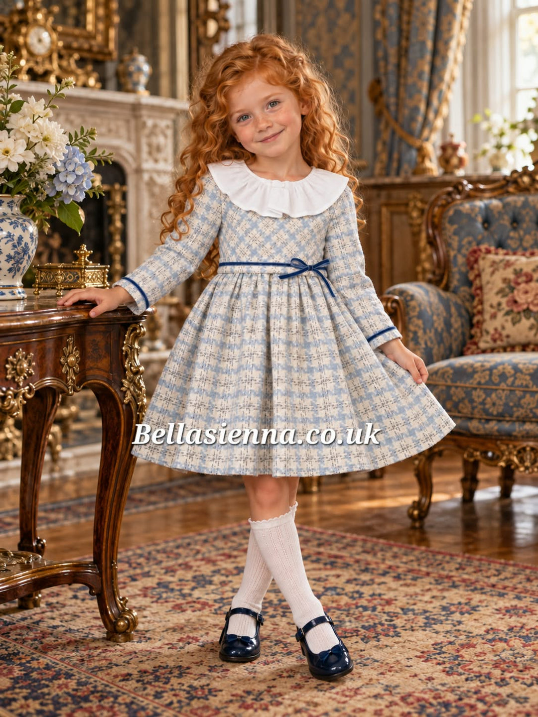 Basmarti Blue & White Winter Dress With Belt & Bow - 24512