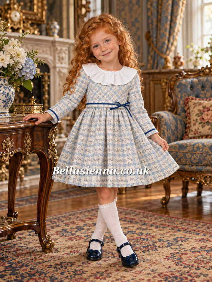 Basmarti Blue & White Winter Dress With Belt & Bow - 24512