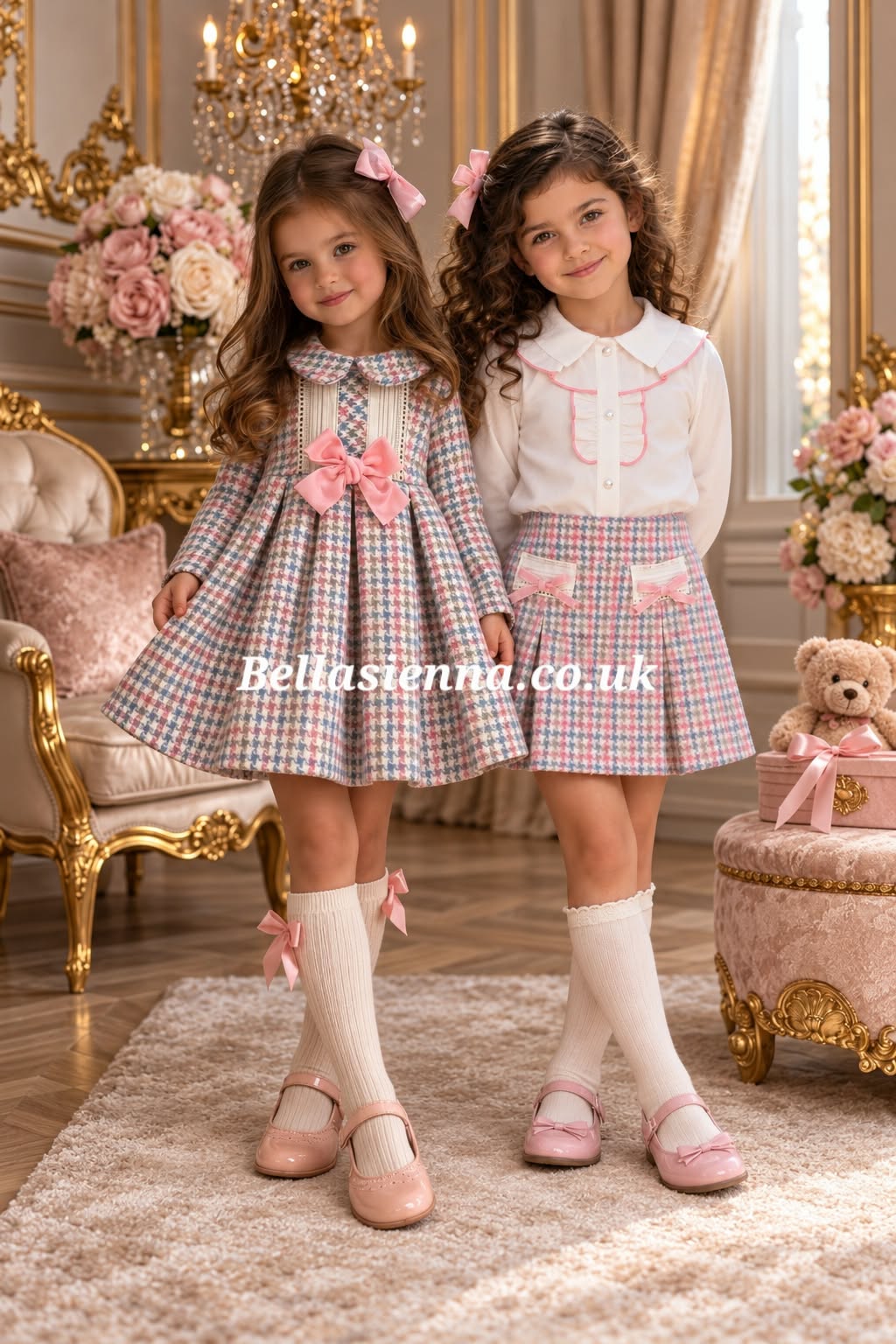Basmarti Girls Pink, Blue & Grey Houndstooth Skirt & Blouse Set - 26812