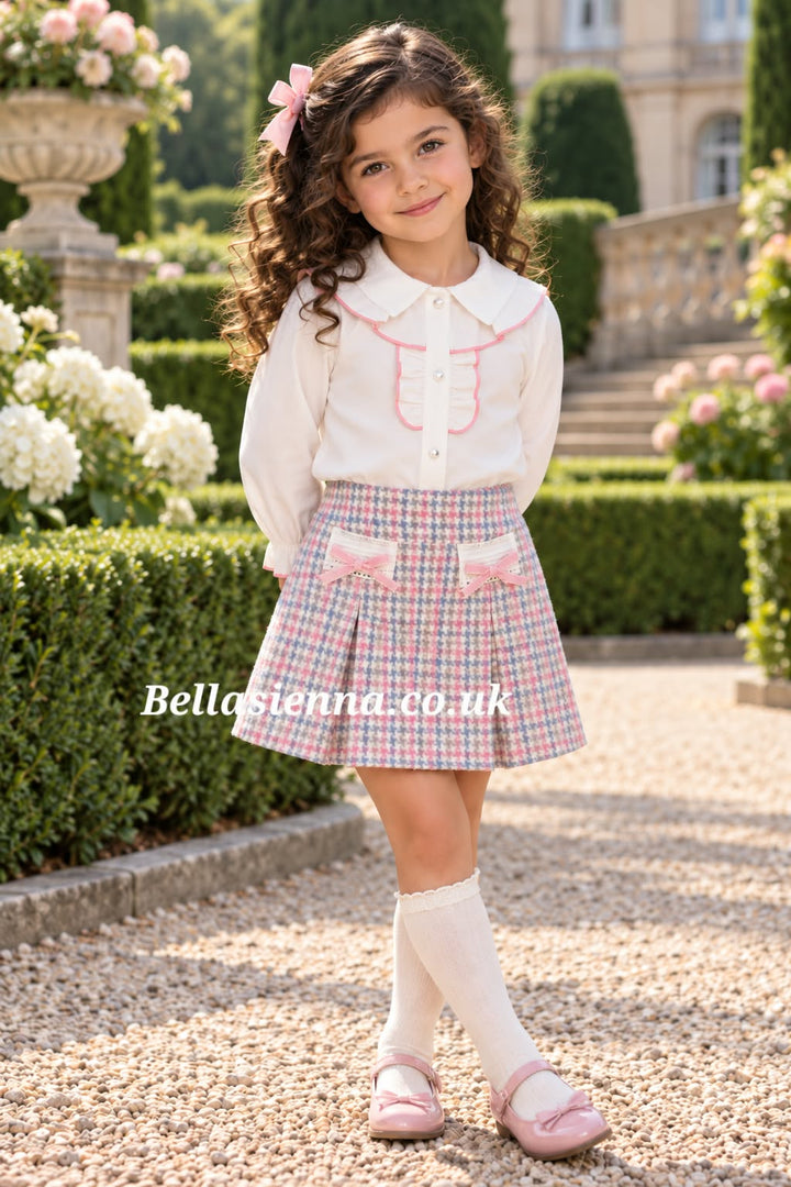 Basmarti Girls Pink, Blue & Grey Houndstooth Skirt & Blouse Set - 26812