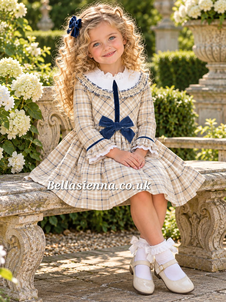 Basmarti Girls Beige, Ivory & Navy Winter Dress - 26570
