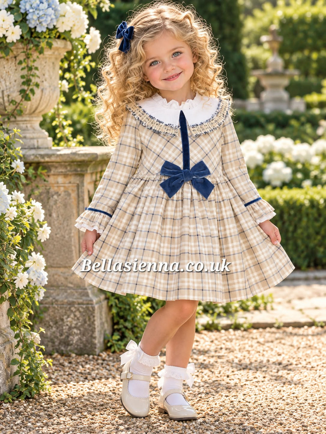 Basmarti Girls Beige, Ivory & Navy Winter Dress - 26570