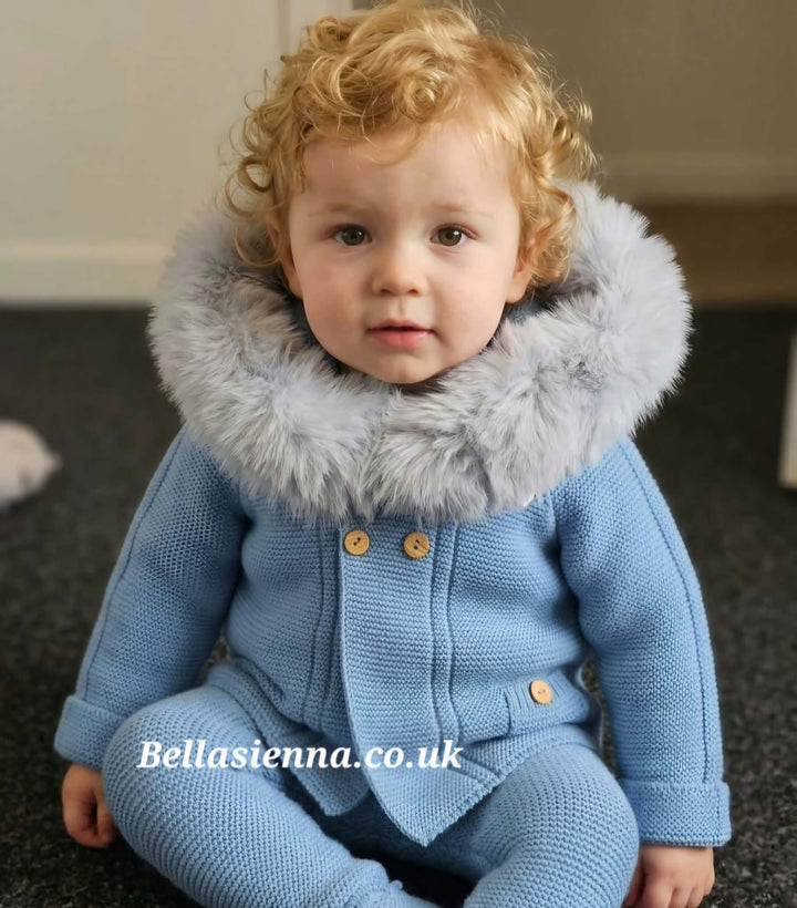 Blue Knitted Cardigan Jacket With Fur Trim Hood