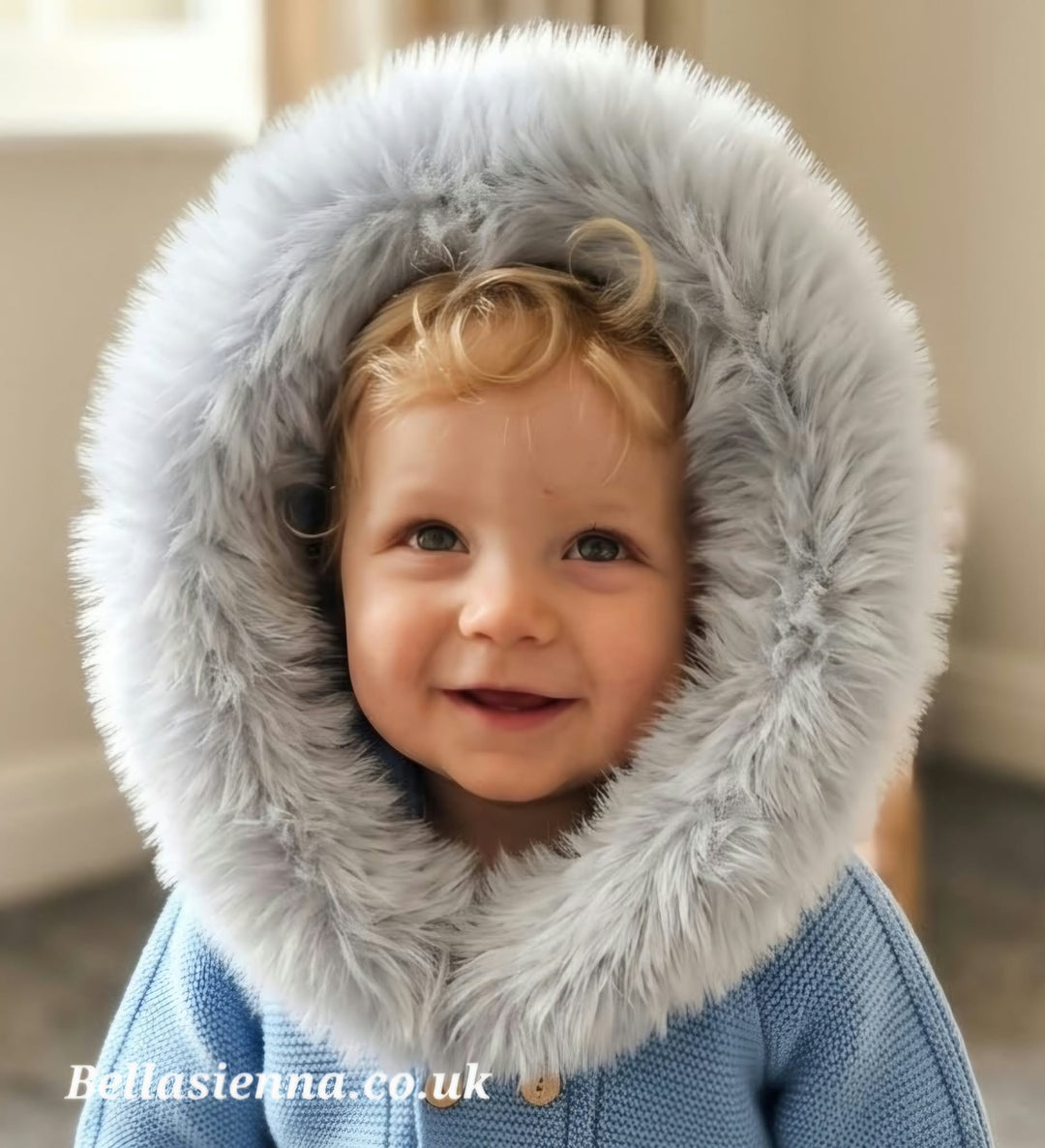 Blue Knitted Cardigan Jacket With Fur Trim Hood
