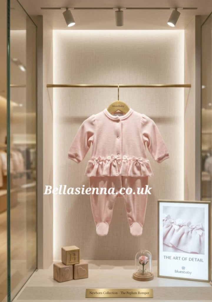 Blues Baby Pink Velour Sleepsuit With Bows & Organza Flowers Babygrow - TT0160