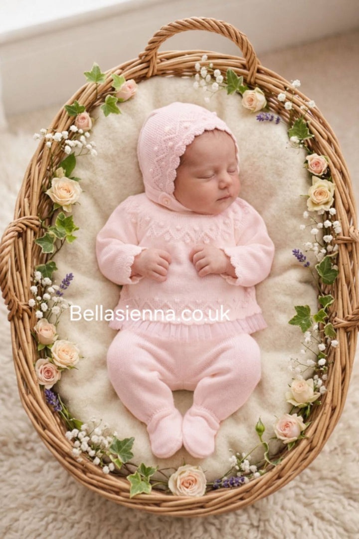 Girls Pink Three Piece Knitted Set & Bonnet - C3014