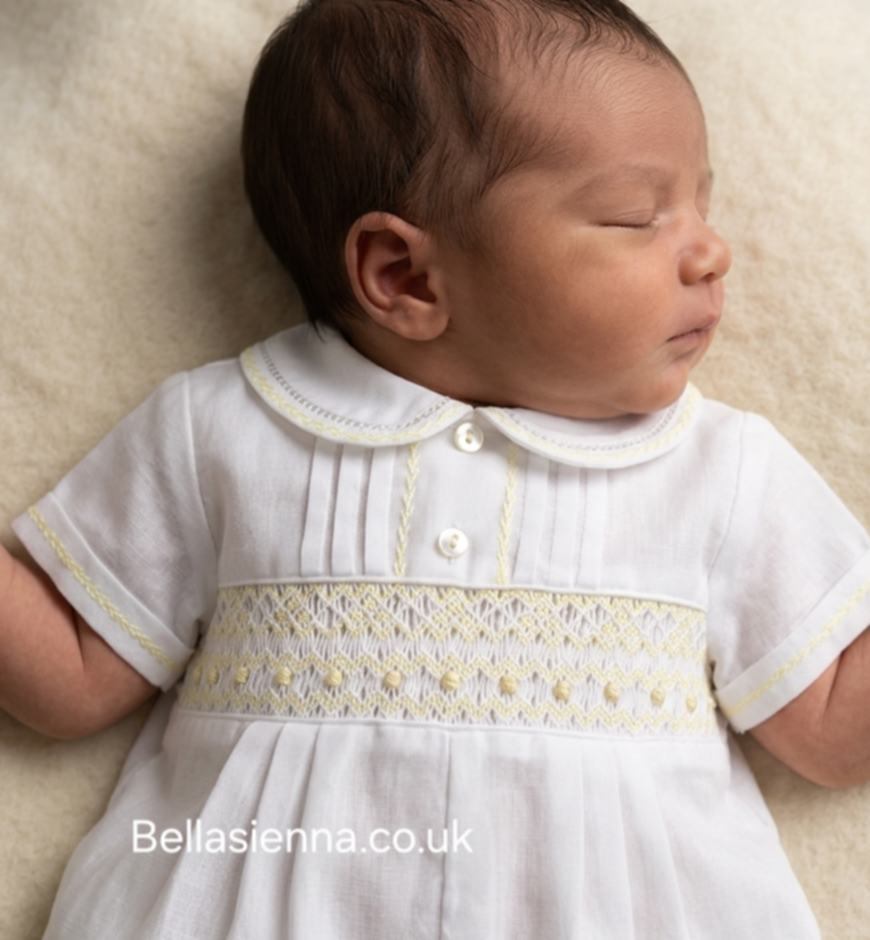 Sarah Louise White & Lemon Hand Smocked Romper - C6000 - Heritage Collection