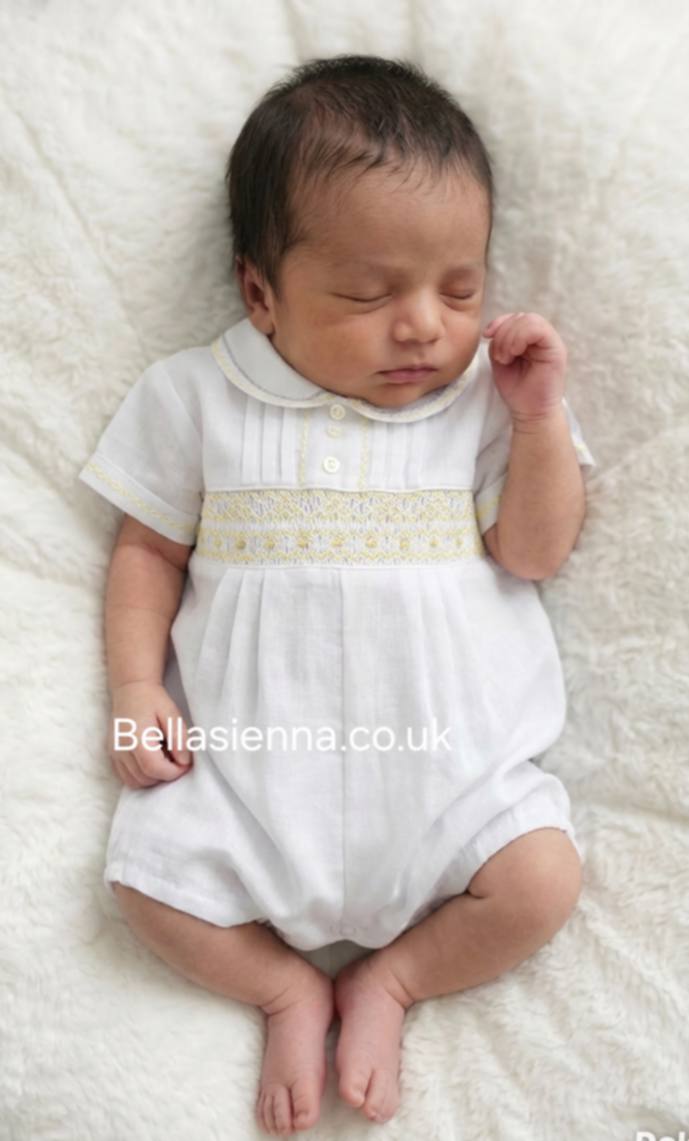 Sarah Louise White & Lemon Hand Smocked Romper - C6000 - Heritage Collection