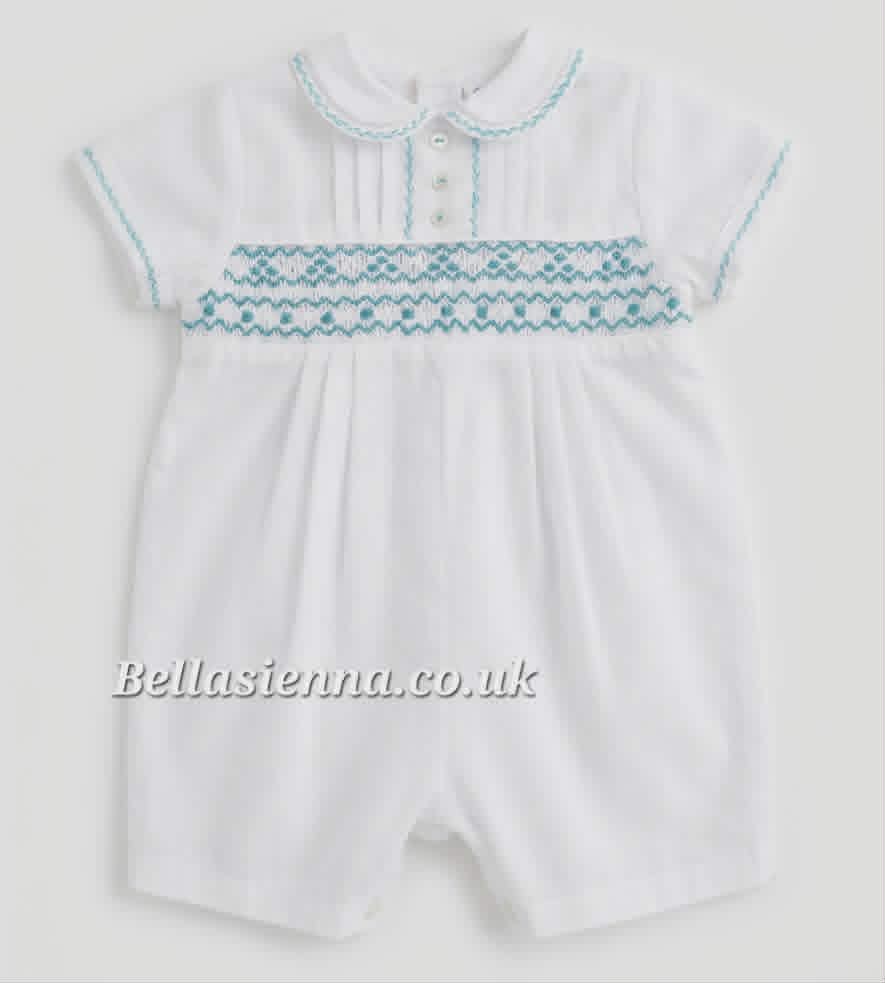 Sarah Louise Boys White & Aqua Hand Smocked Heritage Romper - C6000