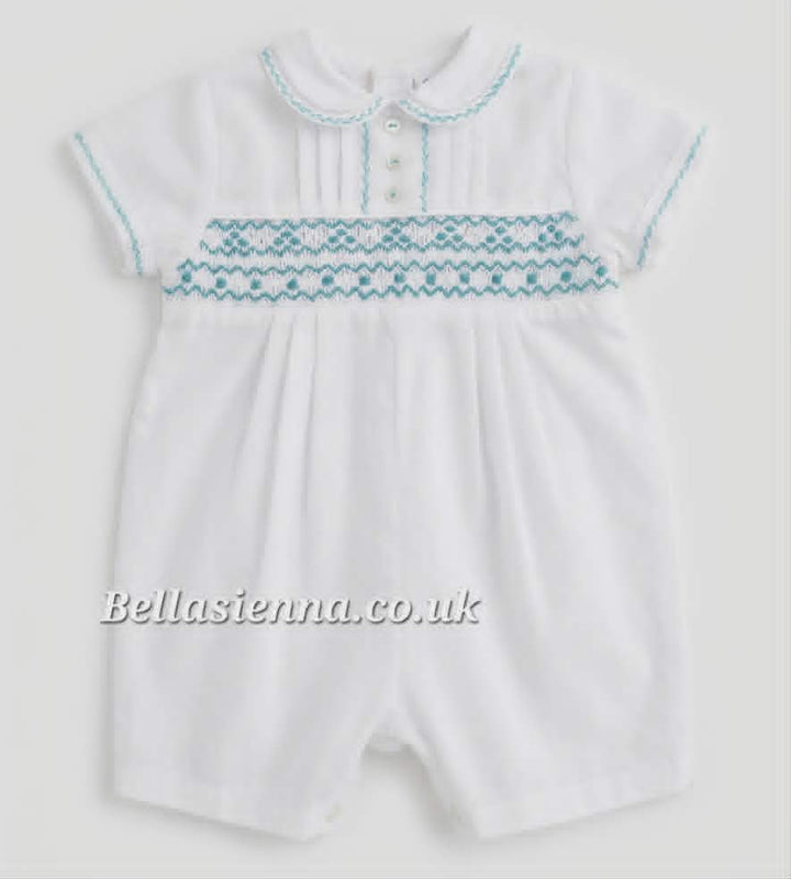 Sarah Louise Boys White & Aqua Hand Smocked Heritage Romper - C6000