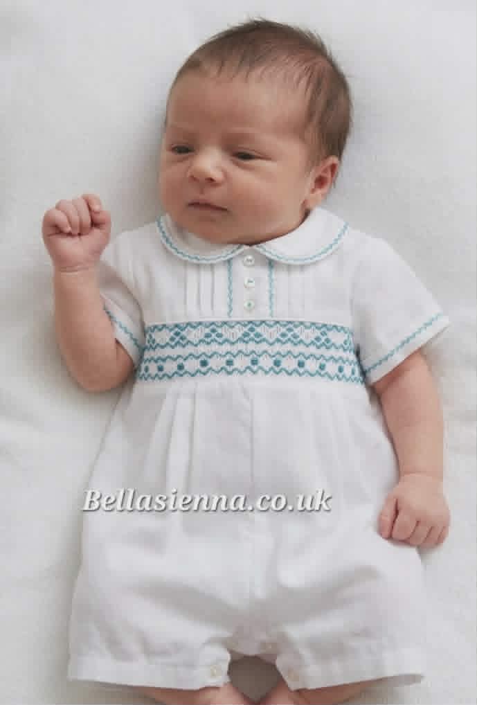 Sarah Louise Boys White & Aqua Hand Smocked Heritage Romper - C6000