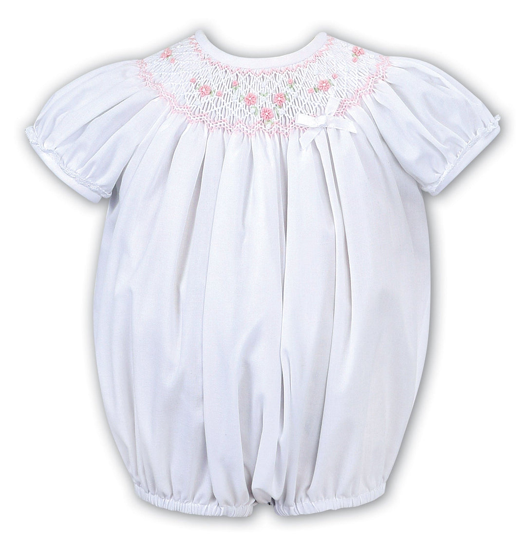 Sarah Louise Heritage Collection Short Sleeved White/Pink Hand Smocked Bubble Romper - C6004