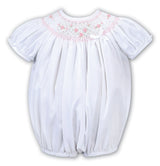 Sarah Louise Heritage Collection Short Sleeved White/Pink Hand Smocked Bubble Romper - C6004