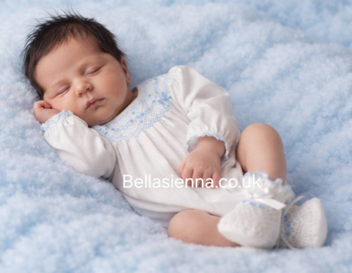Sarah Louise White & Blue Smocked Bubble Long Sleeved Romper - 012765L - C6004