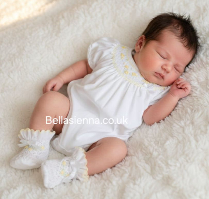 Sarah Louise White & Lemon "HERITAGE COLLECTION" Hand Smocked Bubble Romper - C6004