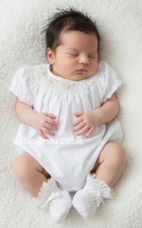 Sarah Louise White & Lemon "HERITAGE COLLECTION" Hand Smocked Bubble Romper - C6004