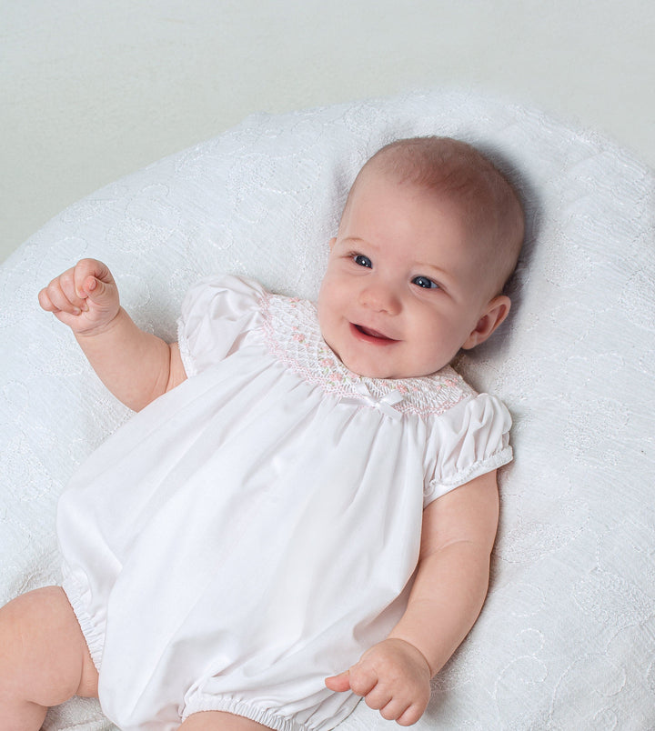 Sarah Louise Heritage Collection Short Sleeved White/Pink Hand Smocked Bubble Romper - C6004