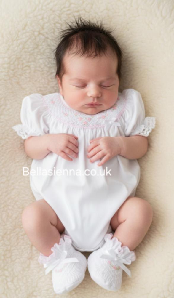 Sarah Louise Heritage Collection Short Sleeved White/Pink Hand Smocked Bubble Romper - C6004