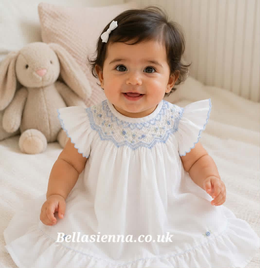 Sarah Louise White & Blue Heritage Collection Hand Smocked & Embroidered Dress - C7000
