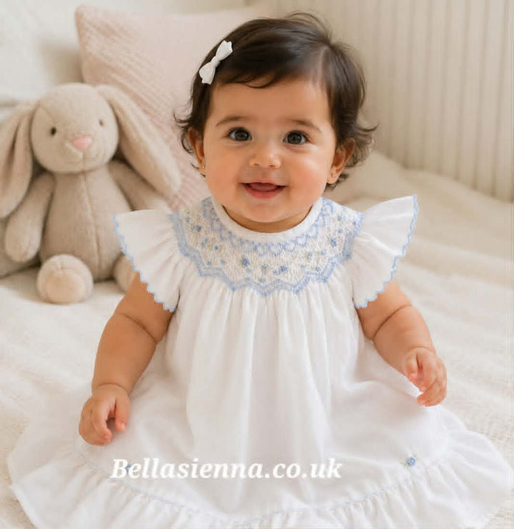 Sarah Louise White & Blue Heritage Collection Hand Smocked & Embroidered Dress - C7000