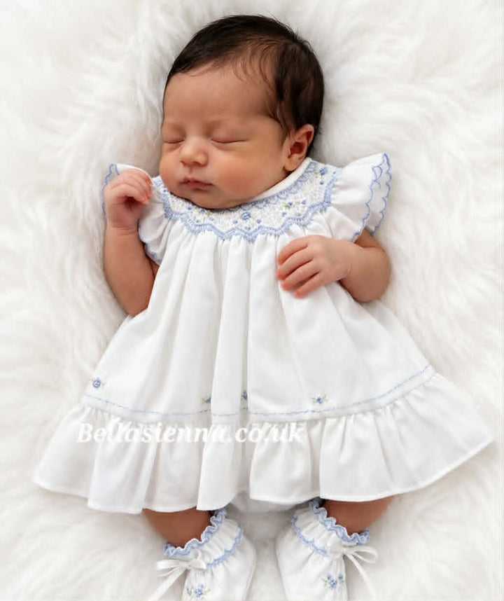 Sarah Louise White & Blue Heritage Collection Hand Smocked & Embroidered Dress - C7000
