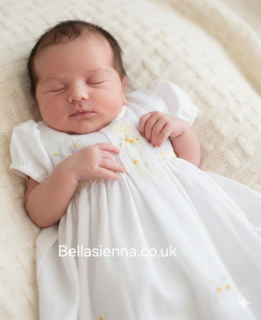 Sarah Louise "HERITAGE COLLECTION" White & Lemon Hand Smocked Dress - C7001