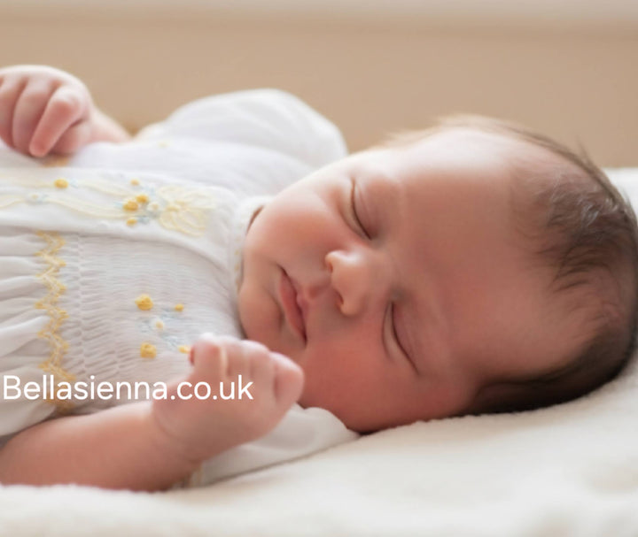 Sarah Louise "HERITAGE COLLECTION" White & Lemon Hand Smocked Dress - C7001