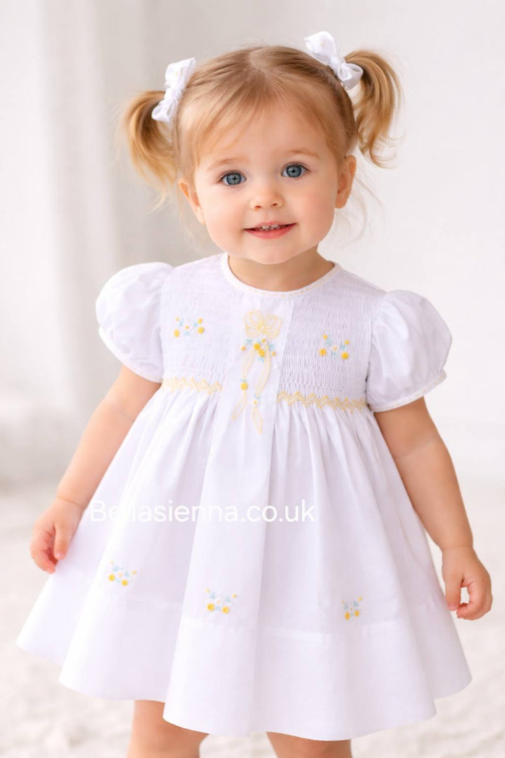 Sarah Louise "HERITAGE COLLECTION" White & Lemon Hand Smocked Dress - C7001