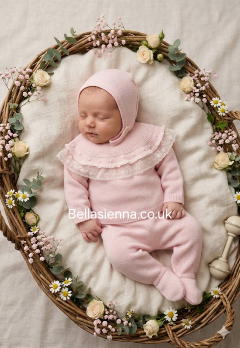 Girls Pink Lace Three Piece Knitted Set With Bonnet - C7019R