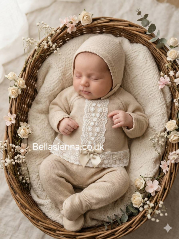Girls Beige Three Piece Knitted Set With Ivory Lace & Bonnet - C9022