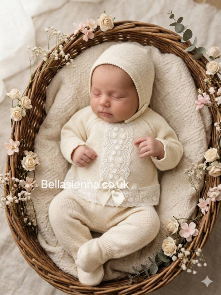 Girls Ivory Three Piece Knitted Set Lace & Bonnet - C9022