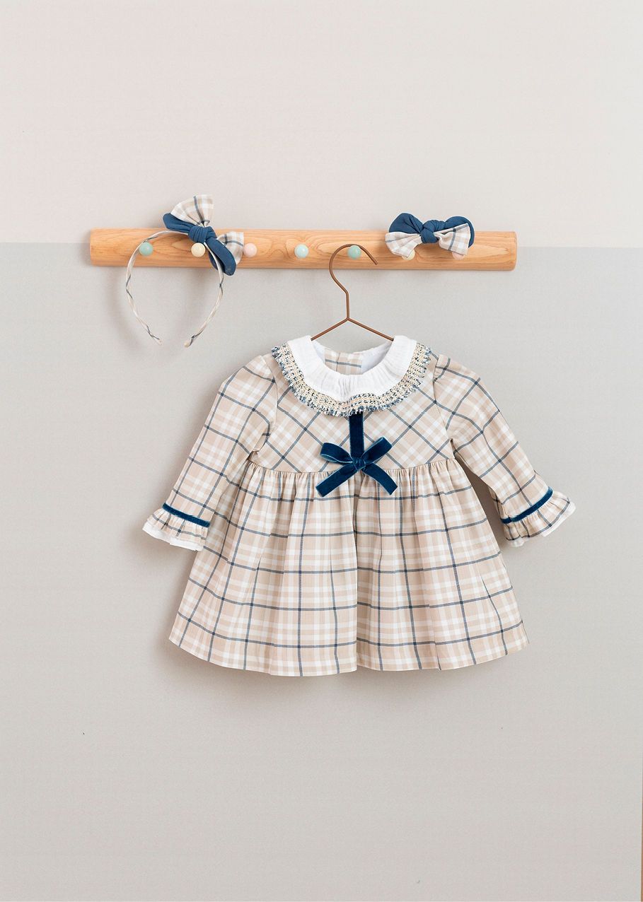 Basmarti Girls Beige, Ivory & Navy Bow Headband To Match Dress - 26570