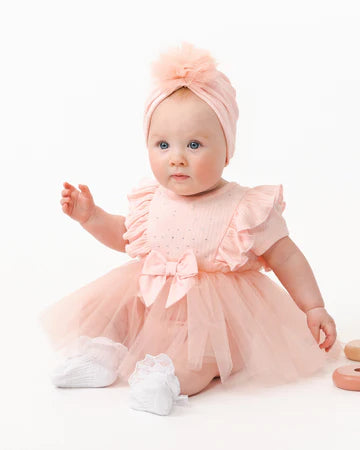 Caramelo Kids Ribbed Tulle Baby Dress With Turban - 031283