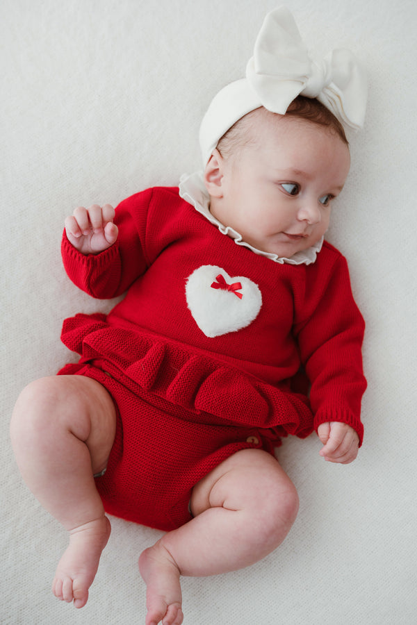 Pex Girls Red Knitted Frilly Jam Pants Set With Fluffy Heart - B0755