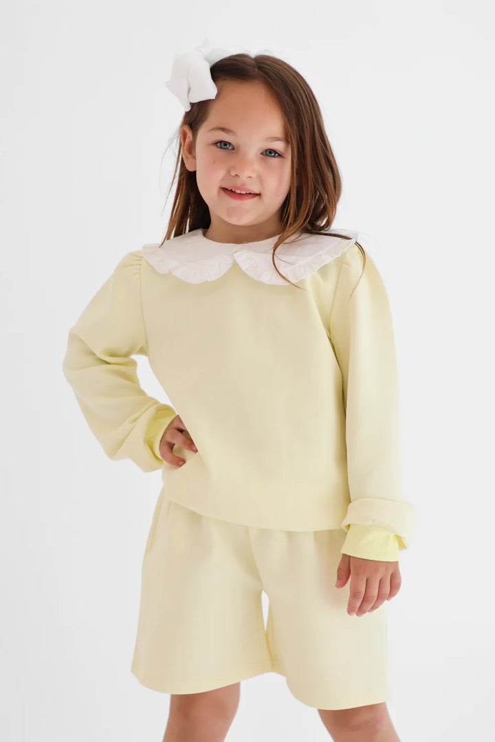 Harris Kids "Emily" Girls Frilly Collar Jumper & Shorts Set - Lemon