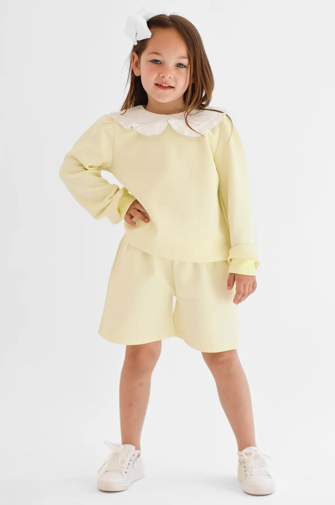 Harris Kids "Emily" Girls Frilly Collar Jumper & Shorts Set - Lemon