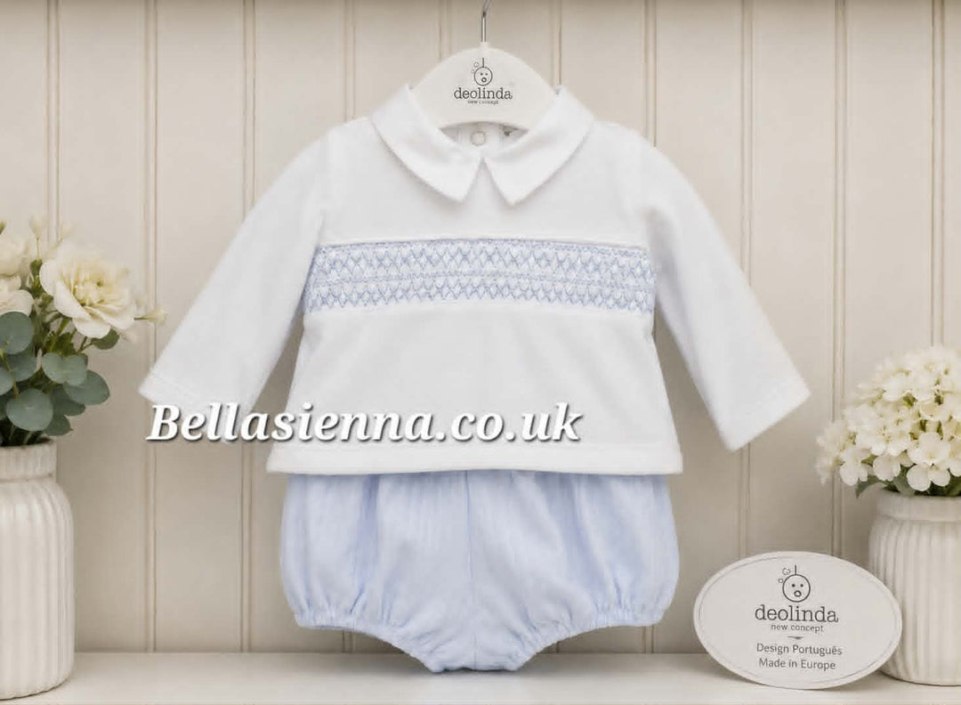 Deolinda Baby Boys White & Blue Velour Smocked Two Piece Set - DBI26710